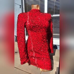 Fashion Nova Dazzling Red Sequin Long Sleeve Dress Size Small